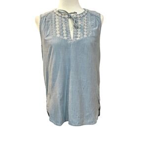 J.Crew Chambray Sleeveless Top Blue White Embroidered Neckline Blouse Size 6